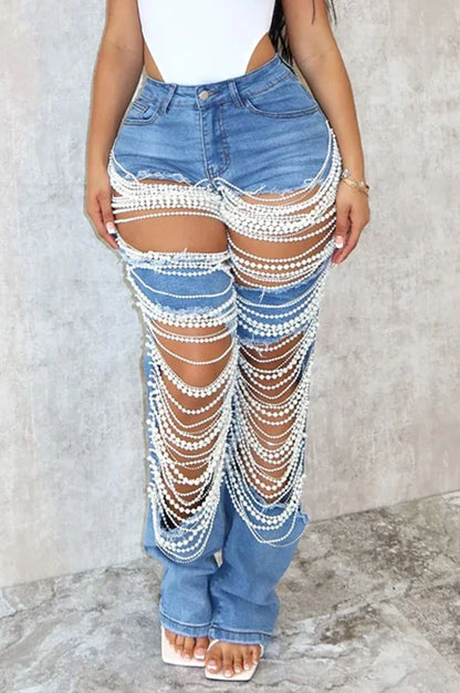Ripped Straight Diamonds Chain Stretch High Waist Jeans Pants