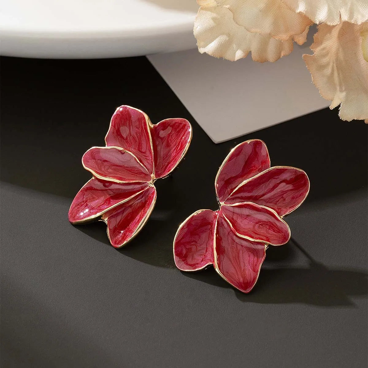 Metal Flower Red Enamel Petal Drop Earrings