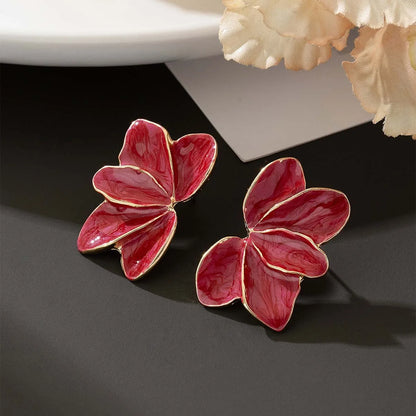 Metal Flower Red Enamel Petal Drop Earrings