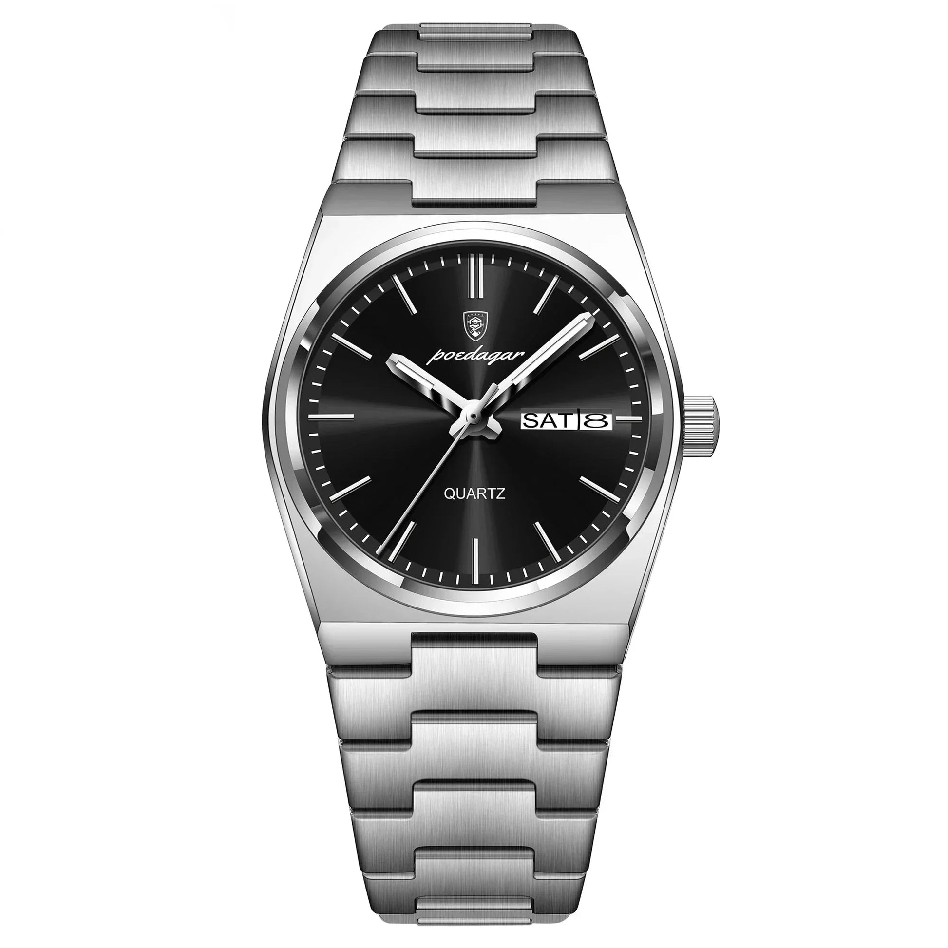 Men's stainless steel quartz watch with black dial and day-date display