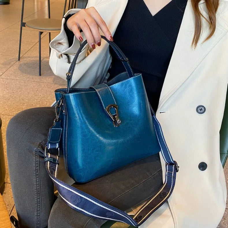 Real Oil Wax Leather Bucket Large Capacity Cowhide Crossbody Tote Bag