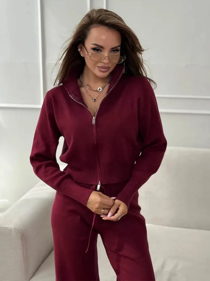Knit Zip Up Cardigan Wide Leg Soft Fabric Cropped Sets