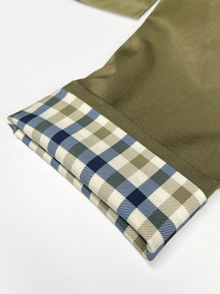 Plaid Lining Solid Trench Coat Single Breasted Long Sleeve Jacket