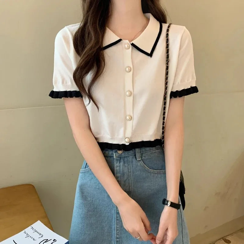 Korean Knitted Turn Down Collar Blouse