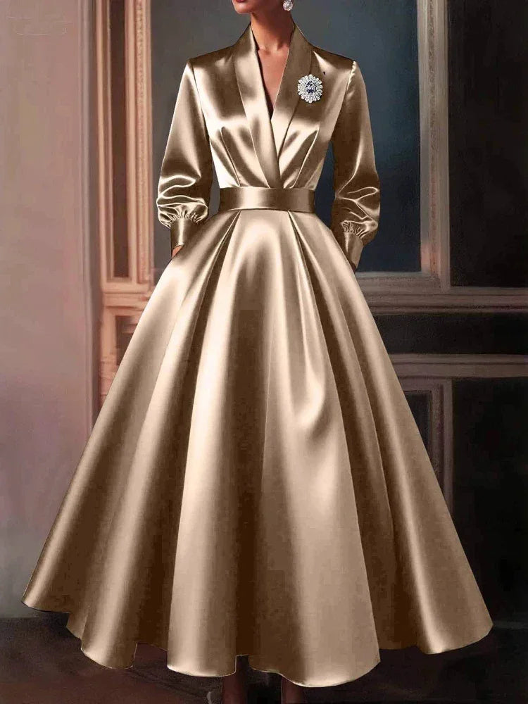 Satin V Neck Long Sleeve Pleated Maxi Dress