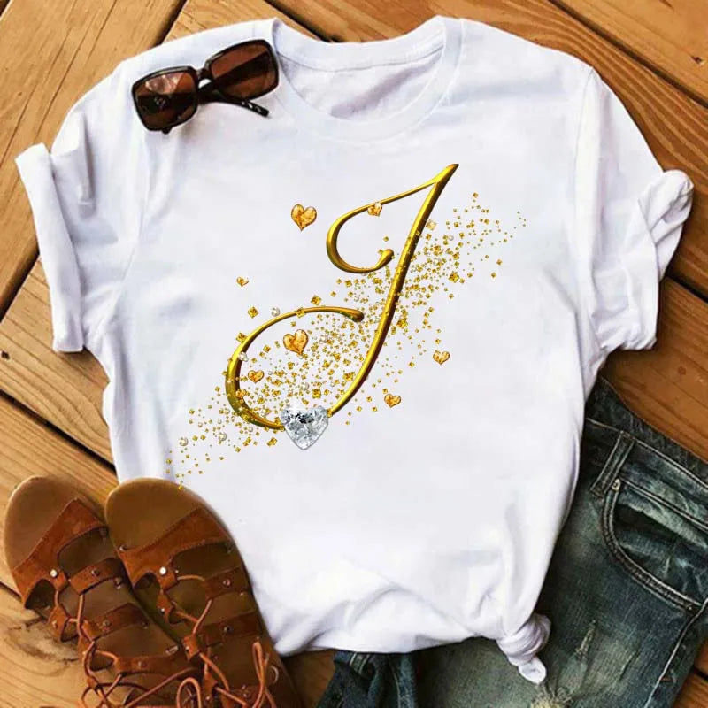 Custom Letter Combination Diamond Gold Letter T-shirt
