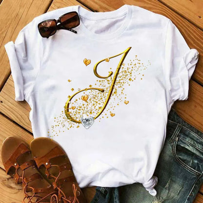 Custom Letter Combination Diamond Gold Letter T-shirt