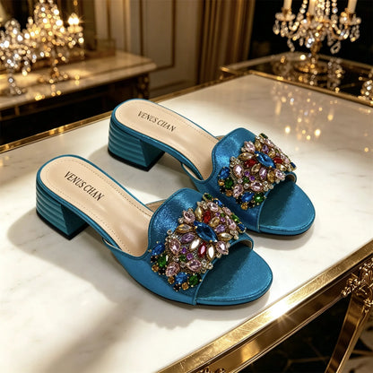 Luxury Multicolor Rhinestone Blue Heel Mules Black Satin Open Toe Slip