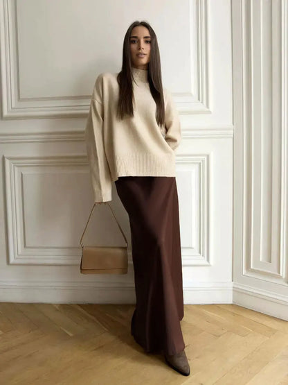 Faldas largas informales de satén, sueltas, de talle alto