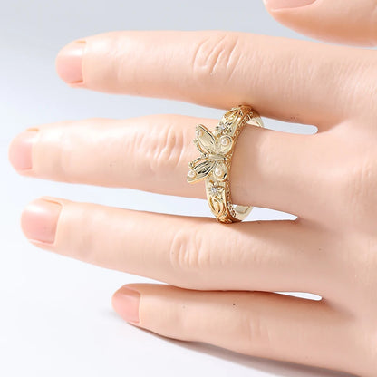 Gorgeous Hand Carved Butterfly Flower Gold Metal Geometry Rings