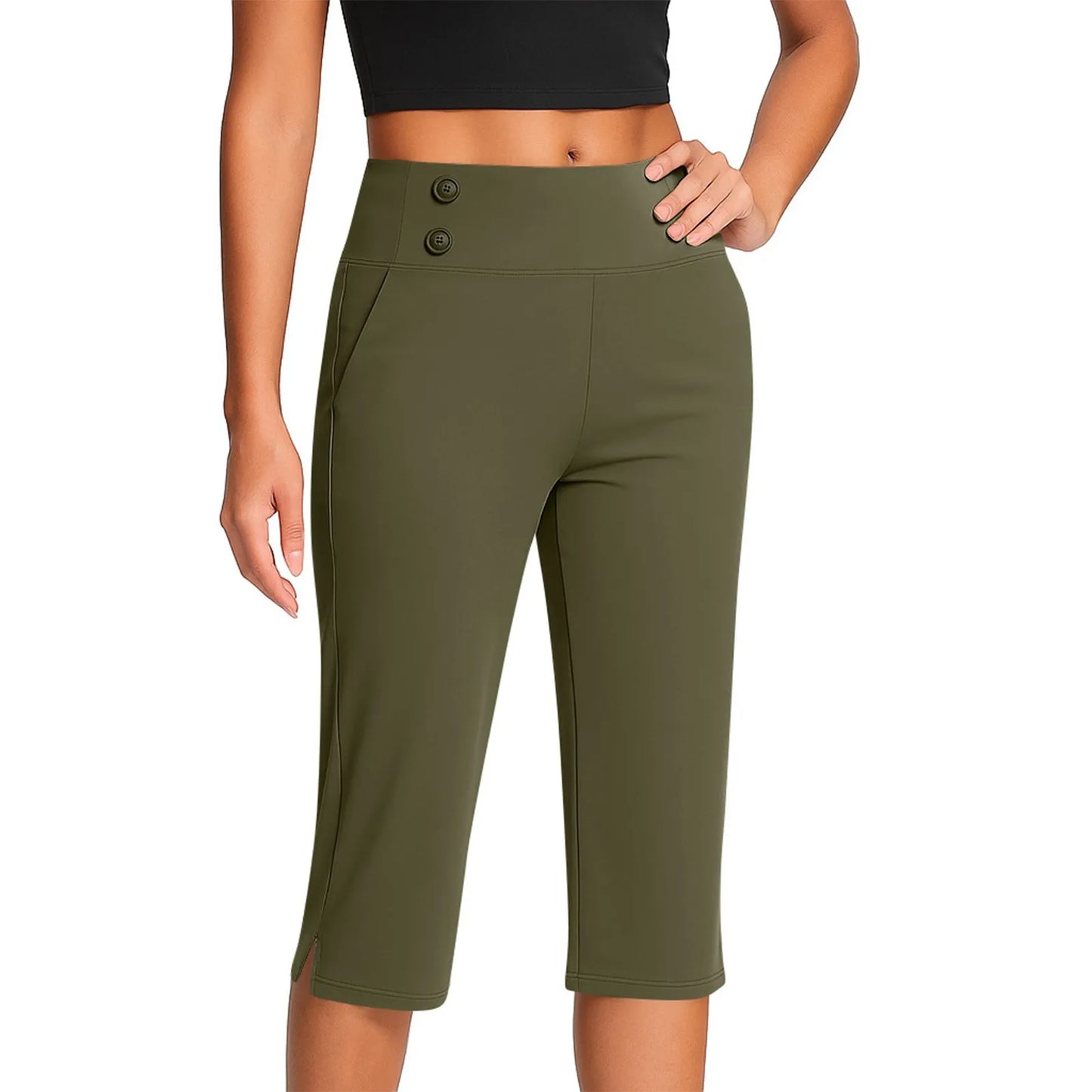 Thin Yoga Button Pocket With Split Hems High Waist Sports Pants