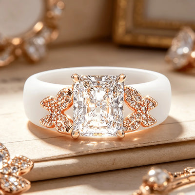 White Silicone Butterfly Side Stones Cut Square CZ Rings