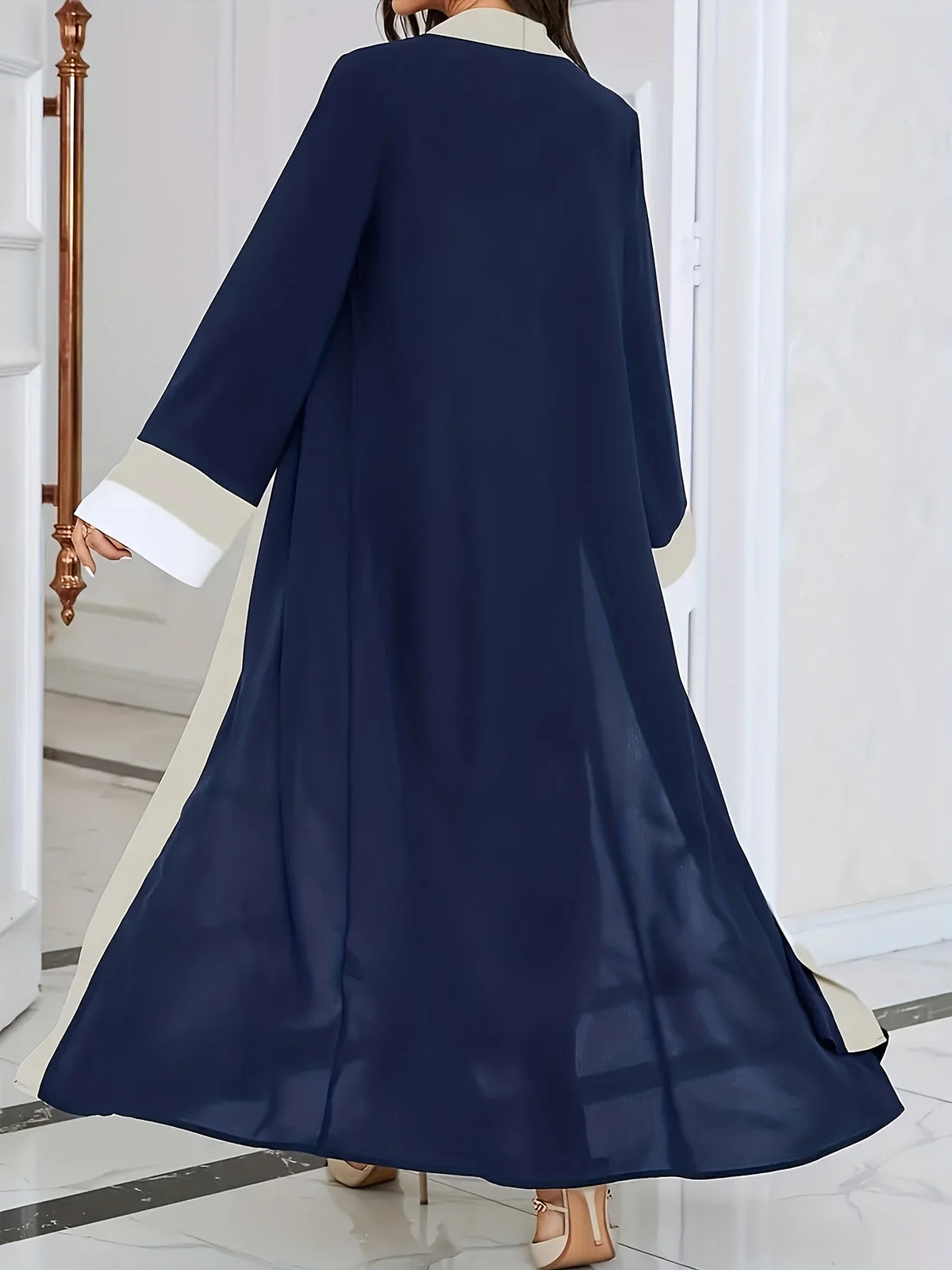 Casual Ramadan Open-Neck Long-Sleeved Color-Block Slim-Fit Dress