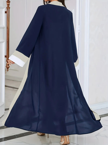 Casual Ramadan Open-Neck Long-Sleeved Color-Block Slim-Fit Dress
