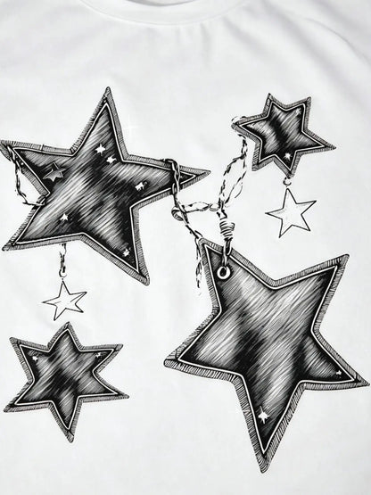 Casual Star-Printed T-Shirt + Faux Denim Cargo Pants Two-Piece Set i