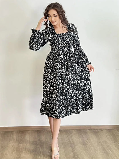 Long Sleeve Casual Chiffon Floral Elastic Chest Lace Up Midi Dress