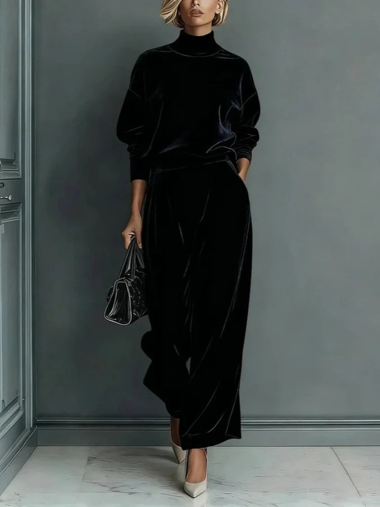 High Collar Gold Velvet Long Sleeve Casual Sports Wide Leg Set