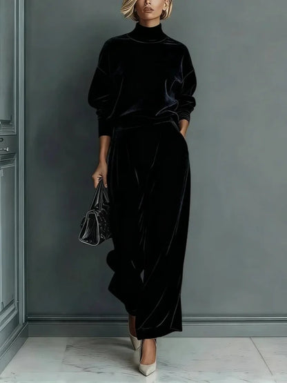 High Collar Gold Velvet Long Sleeve Casual Sports Wide Leg Set