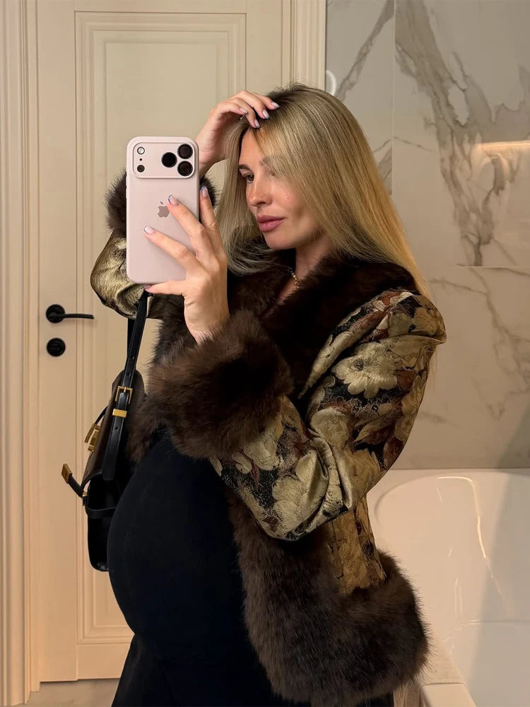 Floral Jacquard Furry Faux Fur Cuffs Patchwork Jacket