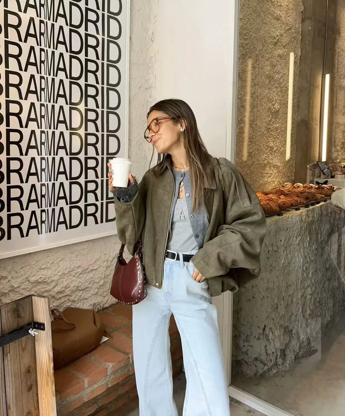 Bomber Suede Texture Turn-down Collar Long Sleeve Loose Vintage Jackets