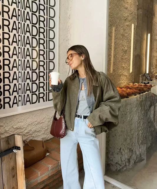 Bomber Suede Texture Turn-down Collar Long Sleeve Loose Vintage Jackets