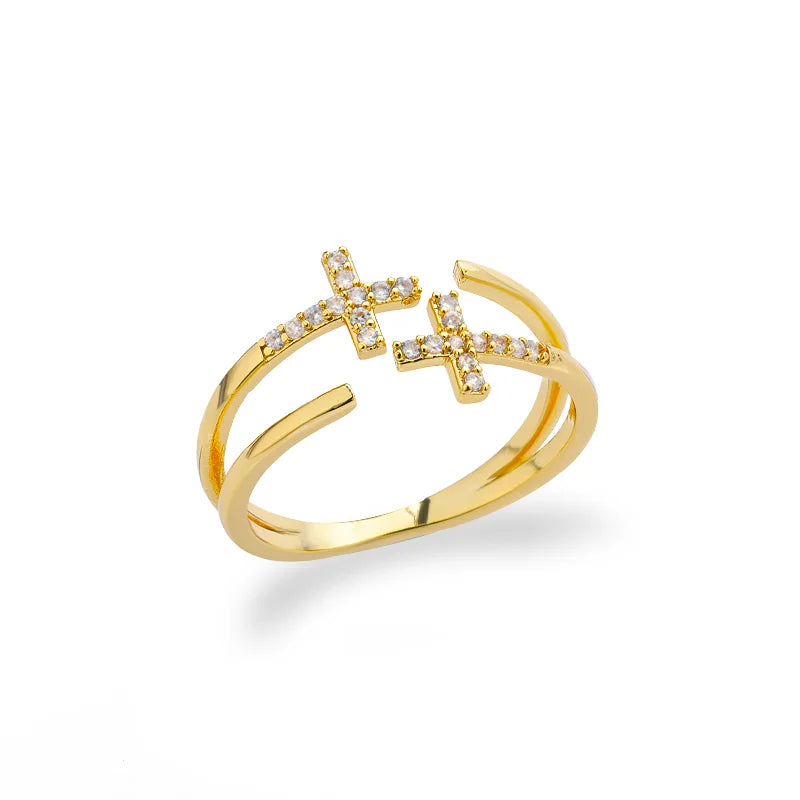 Chain Hollow Out Gold Stainless Steel Zircon Cross Ring