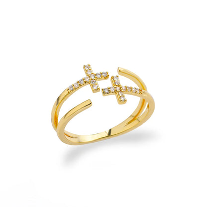 Chain Hollow Out Gold Stainless Steel Zircon Cross Ring