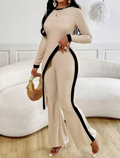 Ribbed Knit Long Sleeve Cutout Side Slit Top Contrast Strip Flare Outfit Set