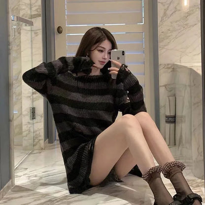 Punk Gothic Long Unisex Sweater Striped Cool Hollow Out Hole Broken Jumper