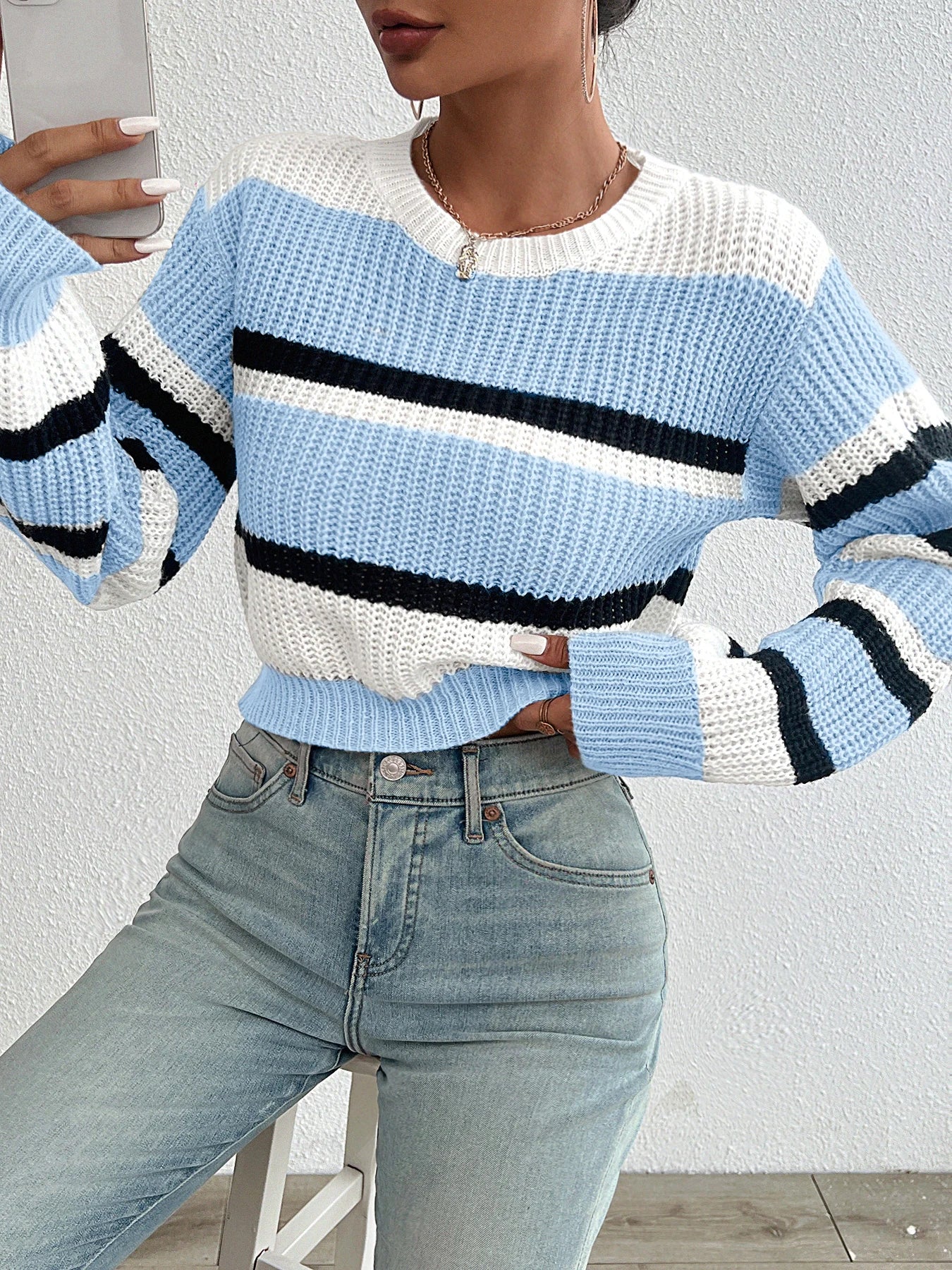 Loose drop shoulder round neck sweater