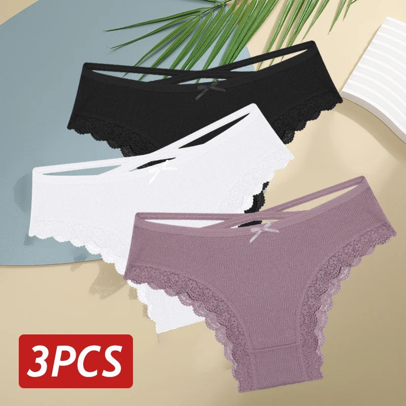 3PCS/Set Cotton Sexy Low Rise Lace Brazilian Panties S-XL
