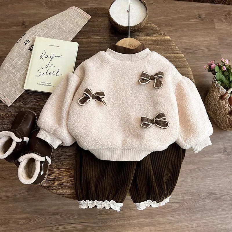 Autumn Winter Thick Warm Bow Lambswool Sweatshirt+Corduroy Pants Set