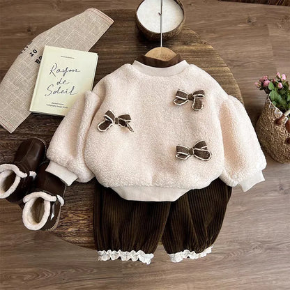 Autumn Winter Thick Warm Bow Lambswool Sweatshirt+Corduroy Pants Set