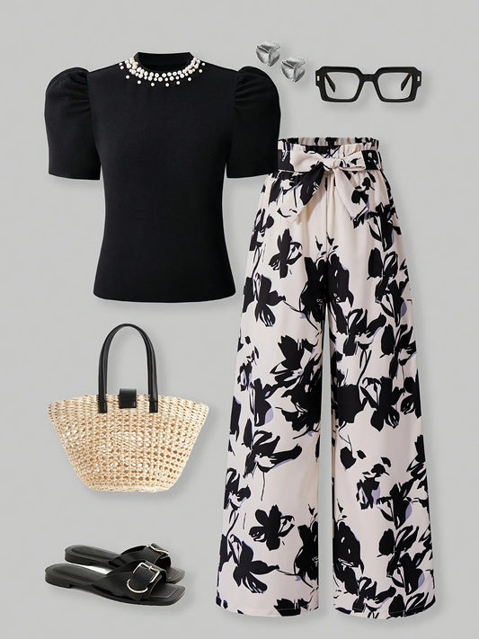 Casual Outfit T-Shirt with Bead Decoration in Solid Color + Printed Straight-Leg Set