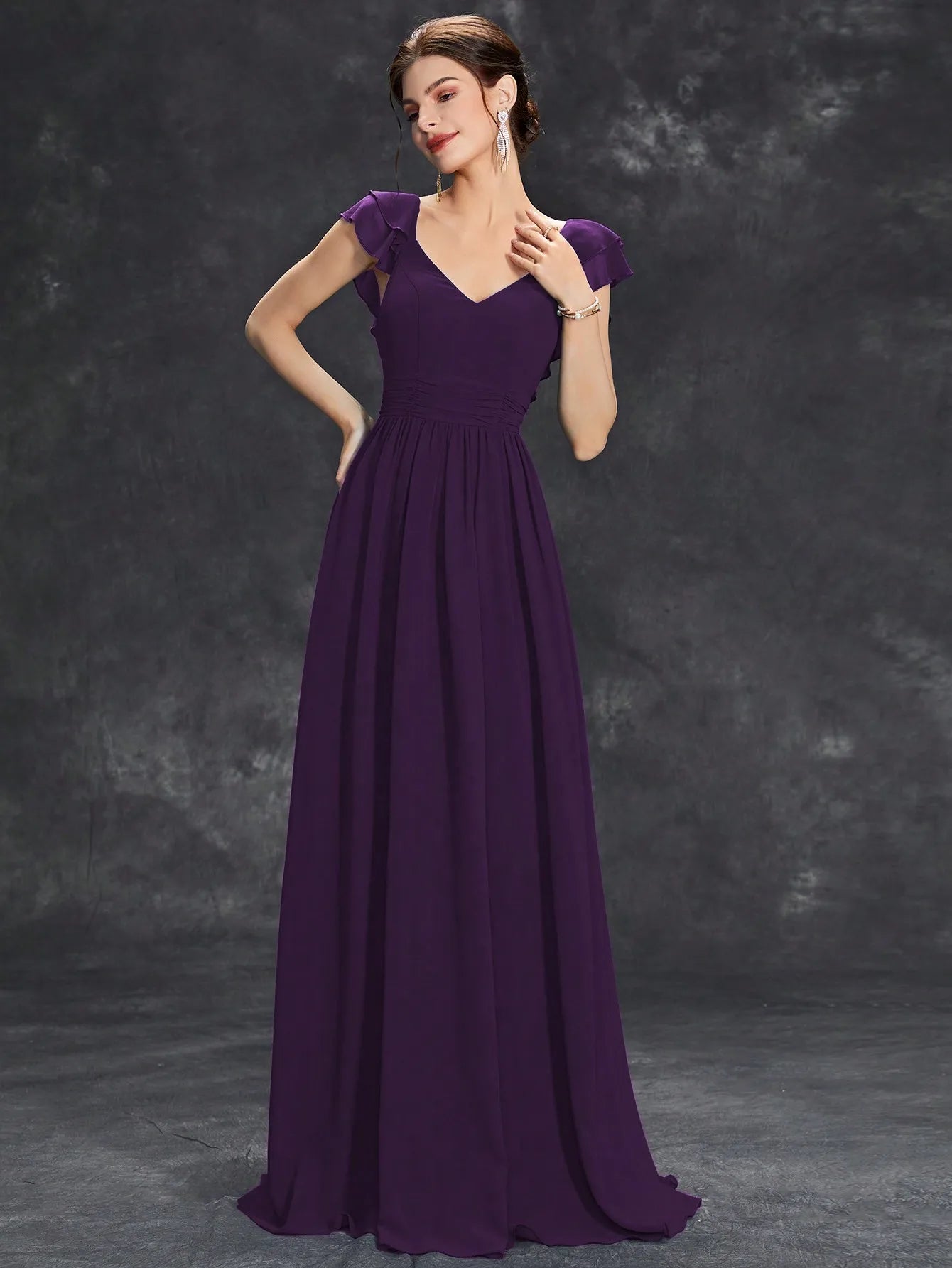 Mgiacy V-neck cap sleeve ruffle lace Extra long evening gown Ball dress