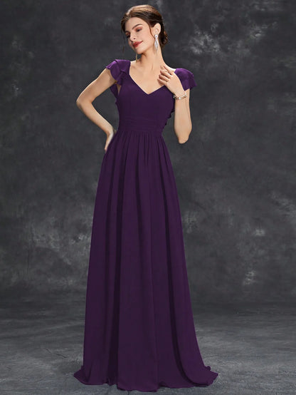 Mgiacy V-neck cap sleeve ruffle lace Extra long evening gown Ball dress