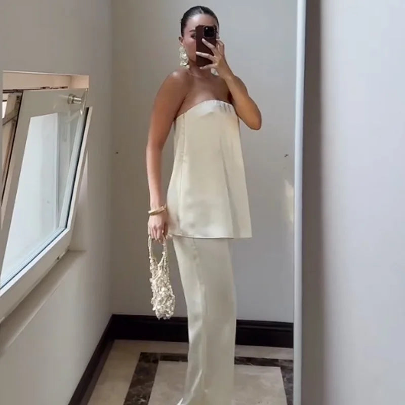 Satin Pant Strapless Off Shoulder High Waist Trousers Sets