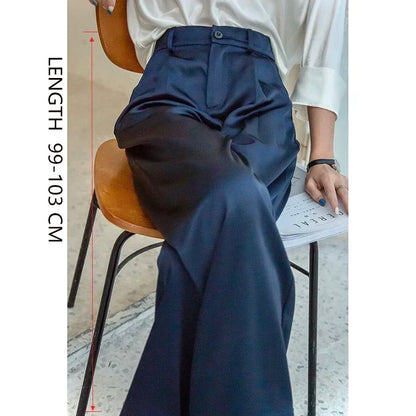 High Waist Wide Leg Fit Classic Black Silk Satin Korean Style Pants