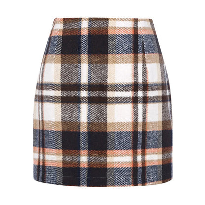 High Waist Plaid Woolen Pencil Tight Fit Cotton Blend Ort Skirt
