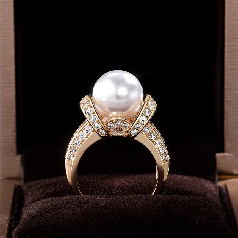 925 Sterling Silver Pearl Gold Shiny CZ Romantic Ring