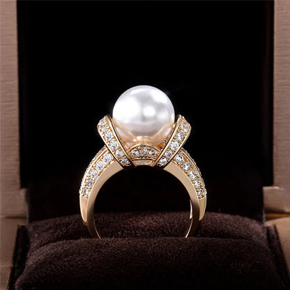 925 Sterling Silver Pearl Gold Shiny CZ Romantic Ring