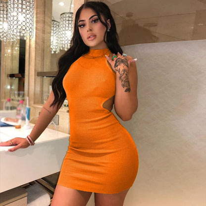 Sexy High Neck Halter Mini Sleeveless Cutout Waist Ribbed Bodycon Short Dress