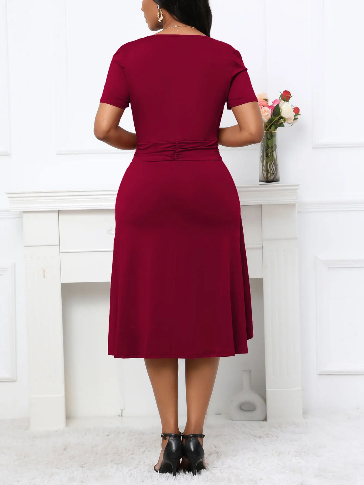 Short Sleeve Square Neck Casual Wrap Fit And Flare Swing Midi Dress