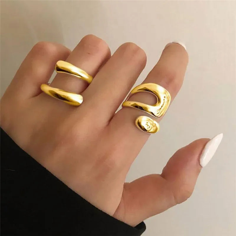 Stainless Steel Irregular Geometric Open Gold Texture Ring