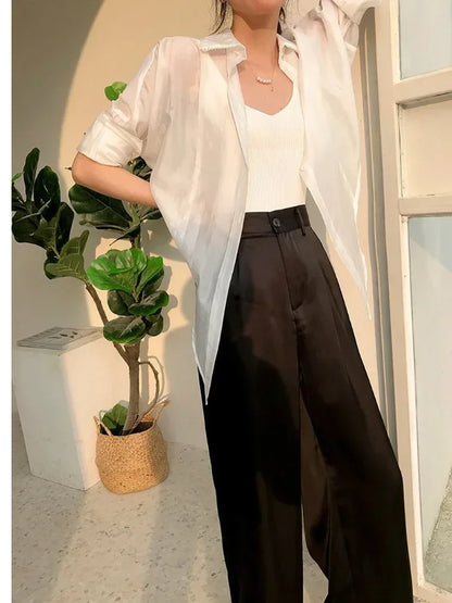 High Waist Wide Leg Fit Classic Black Silk Satin Korean Style Pants