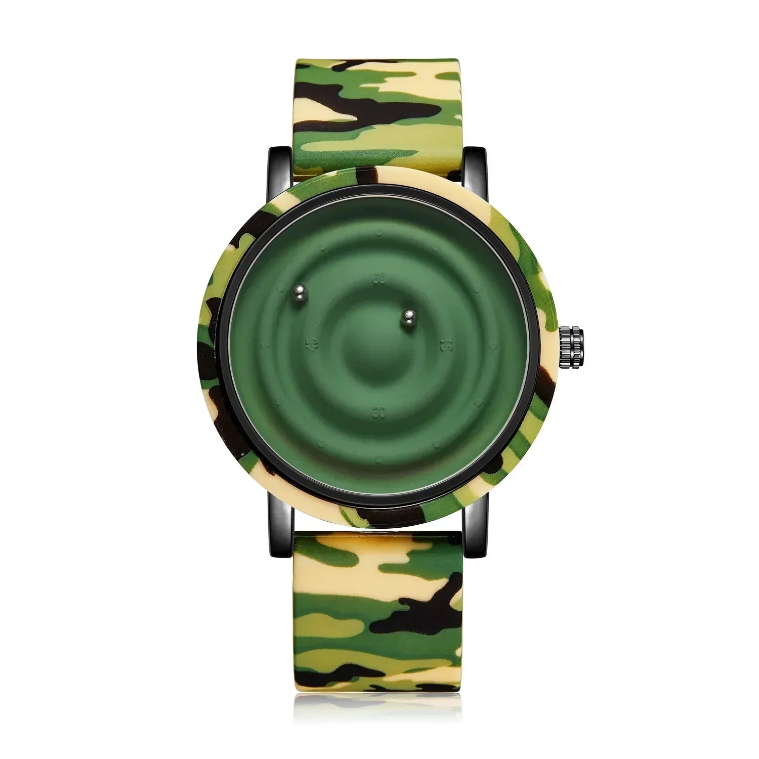 Green camouflage wristwatch with unique round dial and silicone strap, modern fashion accessory