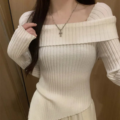 Off Shoulder Sweater Long Sleeve Ribbed Knit Sweater Fitted Pullovers