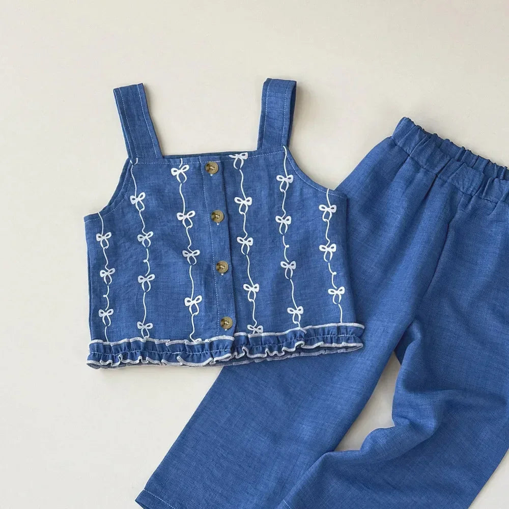 Korean Version Imitation Denim Bow Print Sleeveless Set