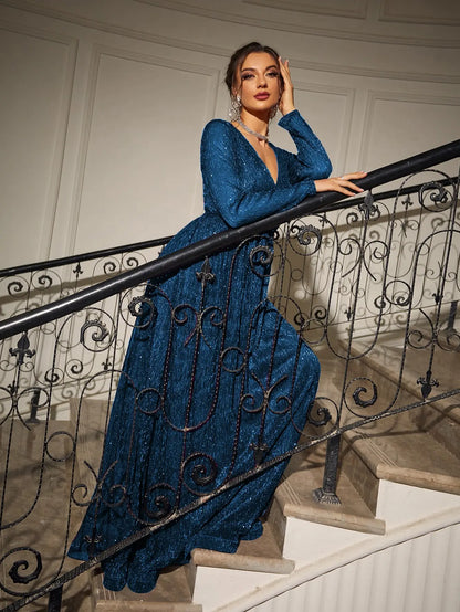 Mgiacy Wrap Belted Maxi Glitter Dress
