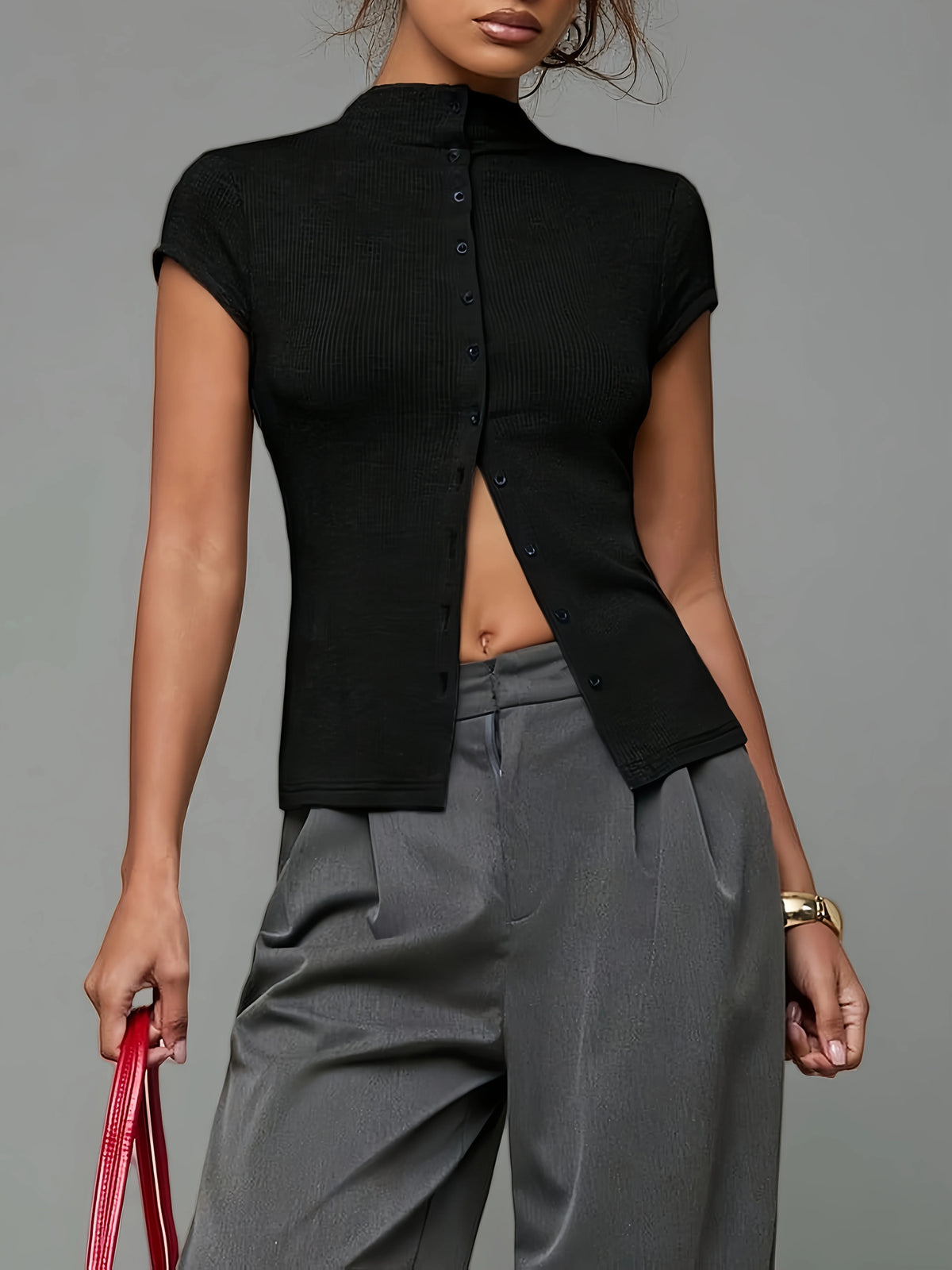Knitted Turtleneck Top Slim Four-Season Short-Sleeved Cardigan